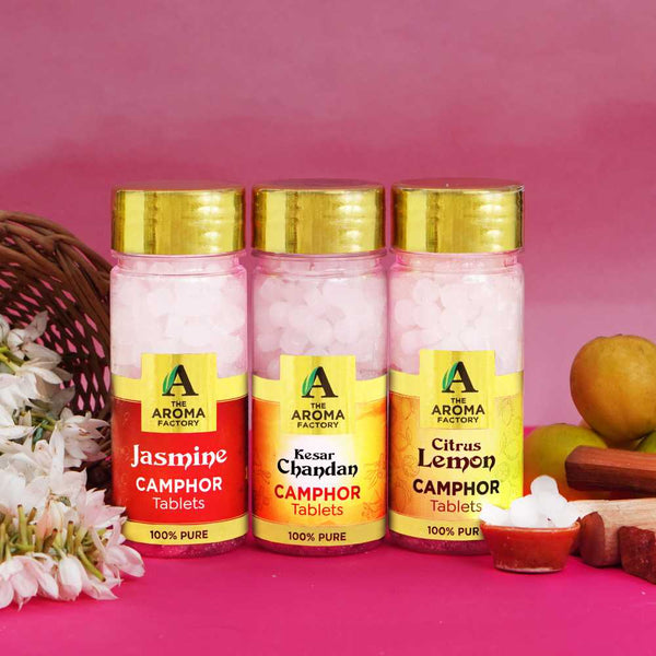 The Aroma Factory 100% Pure Camphor Tablets Jasmine,Kesar Chandan & Citrus Lemon Fragrances Pack of 3 Bottle