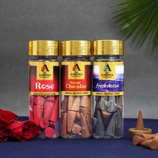 The Aroma Factory Organic Incense Dhoop Cones ( Rose , Kesar Chandan, Fresh Active ) No Charcoal | No Bamboo | 100% Herbal Fragrance | Assorted Pooja Dhoop, 3 x 90g