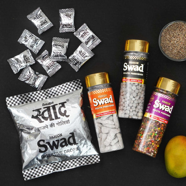 Swad Mukhwas & Candy Combo (Khatta Meetha Aam Papad,Jeera Goli,Royal Fresh Mix 25 Candies pack )4 Units