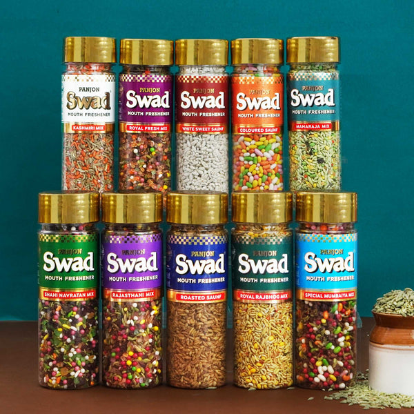 "Panjon Swad Combo (kashmiri Mix,Royal Fersh,White Saunf,Coloured Saunf,Maharaja Mix,Navratan Mix Rajasthani Mix,Roasted Saunf,RajBhog Mix,Mumbaiya Mix) 10 Units"