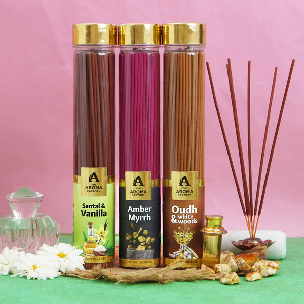 The Aroma Factory Organic Incense Sticks (Herbal Agarbatti for Smudging, Cleansing) 0% Charcoal, 0% Sulphur, 3 x 100g Bottle (Santal & Vanilla, Amber Myrrh, Oudh & White Woods)