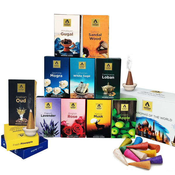 The Aroma Factory Combo Natural Incense Dhoop Cone Gift Set with 12 Exotic Fragrances [Artisinal Collection Luxury Aromas of The World] 240 gm