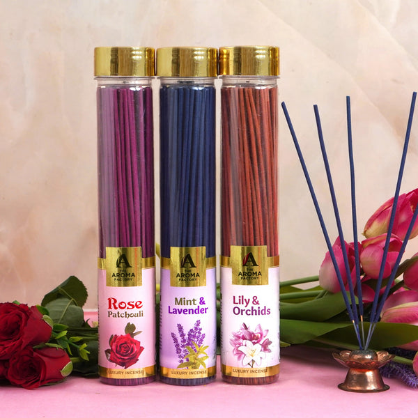 The Aroma Factory Organic Incense Sticks (Herbal Agarbatti for Smudging, Cleansing) 0% Charcoal, 0% Sulphur, 3 x 100g Bottle (Rose Patchouli, Mint & Lavender & Lily & Orchid)