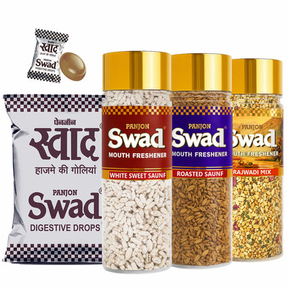 Swad Digestive Candy Pouch (25pcs) White Sweet Saunf, Roasted Saunf, Rajwadi Mukhwas Mouthfresheners, 4 units