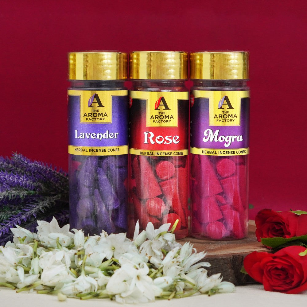 The Aroma Factory Organic Incense Dhoop Cones ( Lavender, Rose , Mogra ) Zero Charcoal | No Bamboo | 100% Herbal Fragrance | Assorted Pooja Mixed Dhoop Combo, 3 x 90g