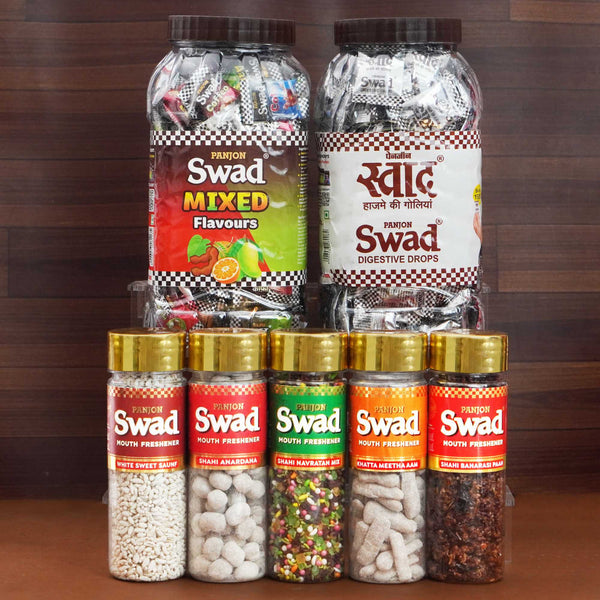 Swad Combo (White Saunf,Anardana ,Navratan Mix, AamPapad,Banarasi Paan, Swad Mixed & Digestive 200 Candies Jar) 7 Units