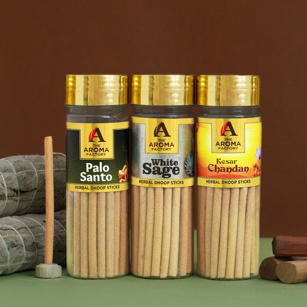 The Aroma Factory Dhoop batti, No Bamboo Herbal Dhoop Sticks with Incense Holder, 3 Bottle x 100g ( Palo Santo, White Sage &  Kesar Chandan )