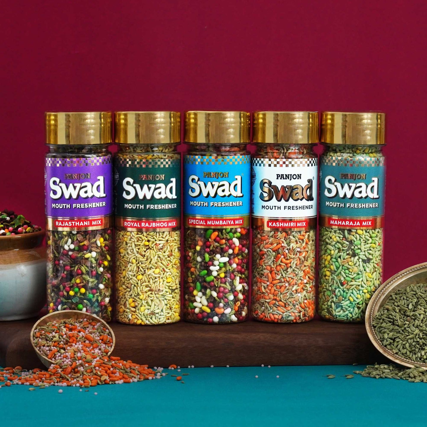 Panjon Swad Mukhwas Mouth Freshener 5 bottles (Rajasthani, Rajbhog, Mumbaiya, Kashmiri, Maharaja Mix) 750g