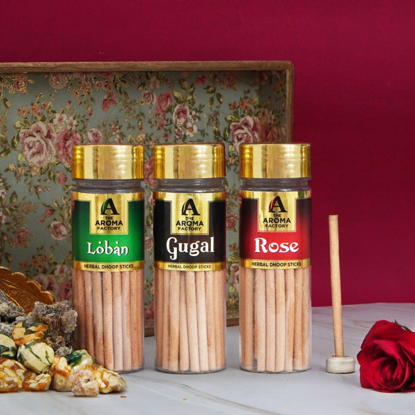 The Aroma Factory Loban, Gugal & Rose Dhoop Batti for Pooja with dhup Incense Holder Stand, Best for Long Lasting Fragrances (Bottle Pack of 3x100g)