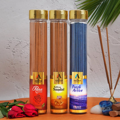 The Aroma Factory Rose,Saffron Sandal & Fresh Active Agarbatti for Pooja,Luxury Incense Sticks,100% Herbal Fragrance Agarbathi (Bottle Pack of 3x100g)