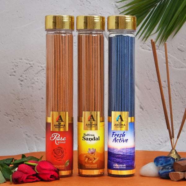 The Aroma Factory Rose,Saffron Sandal & Fresh Active Agarbatti for Pooja,Luxury Incense Sticks,100% Herbal Fragrance Agarbathi (Bottle Pack of 3x100g)