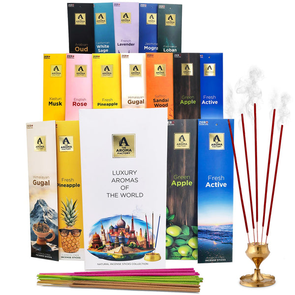 The Aroma Factory Natural Incense Sticks Combo Gift Set with 12 Exotic Agarbatti Fragrances [Artisinal Collection Luxury Aromas of The World] 240 gm