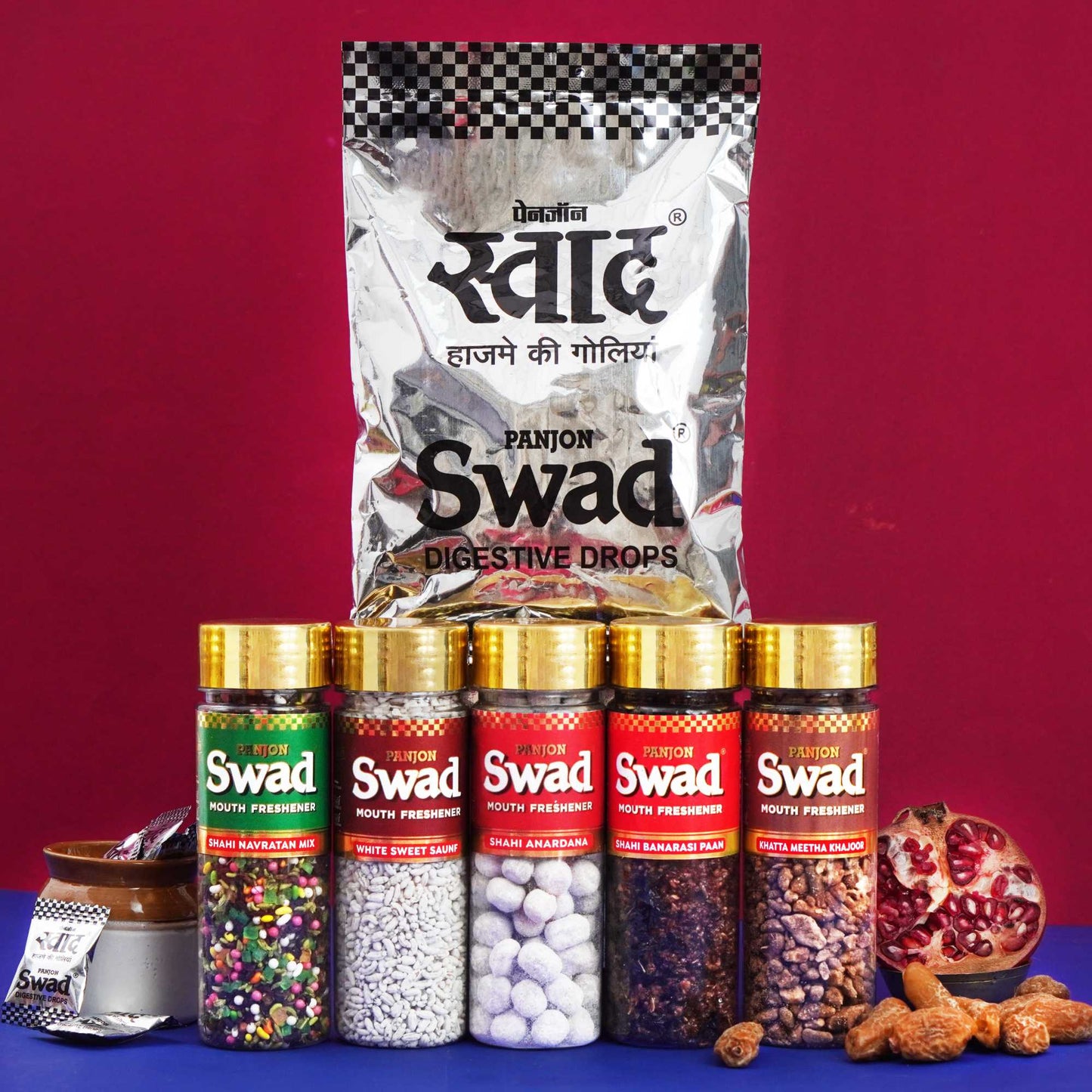 Panjon Swad Mukhwas & Candy Combo (Navratan mix,Khatta Meetha Khajoor ,Anardana,Banarasi Paan ,White Sweet Saunf 50 Candies Pack) 6 Units