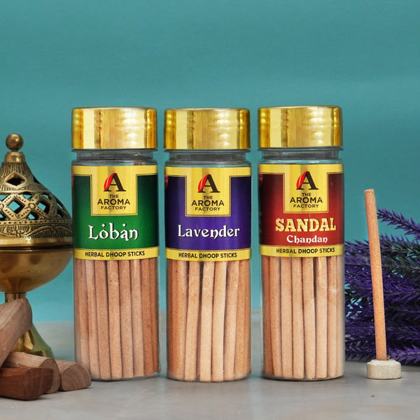 The Aroma Factory Organic Rose,Mogra & Lavender Dhoop Batti Sticks for Pooja with dhup Incense Holder Stand,Best for Long Lasting Fragrances (Pack of 3x100g)