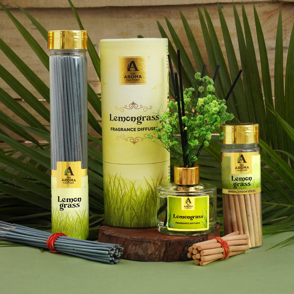 The Aroma Factory Lively Lemongrass, Complete Fragrance Collection of Agarbatti, Dhoop Batti, Camphor Tablet & Reed Diffuser, Combo of 3