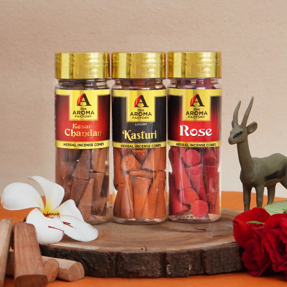 The Aroma Factory Organic Incense Dhoop Cones (Saffron Sandal,  Musk Kasturi , Rose,) No Charcoal | No Bamboo | 100% Herbal Fragrance | Assorted Pooja Dhoop, 3 x 90g