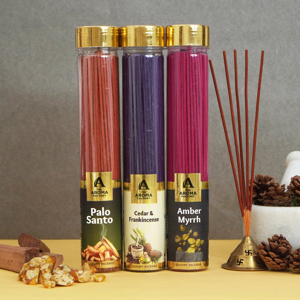 The Aroma Factory Organic Incense Sticks (Herbal Agarbatti for Smudging, Cleansing) 0% Charcoal, 0% Sulphur, 3 x 100g Bottle ( Palo Santo, Cedar & Frankincense & Amber Myrrh)