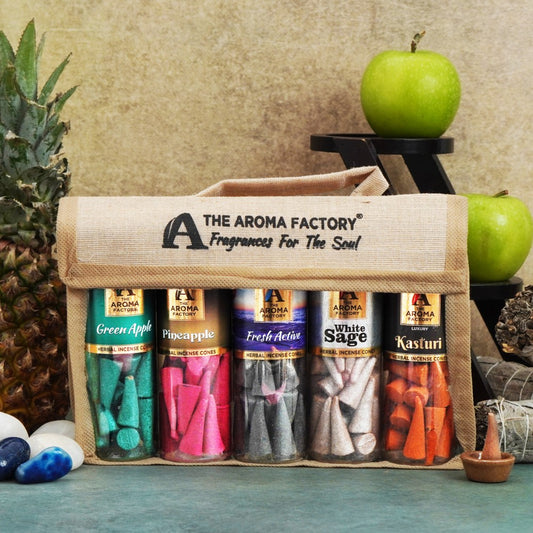 The Aroma Factory Incense Cone Set (Green Apple, Pineapple, Fresh Active, White Sage, Musk) Dhoop Cones, Pack of 5 x 30 Cones