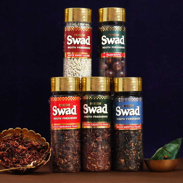 Swad Pan Mukhwas Combo (Banarasi, Calcutta, Shahi Meetha Paan, White Sweet Saunf, Paan Shots Mouthfreshener) 5 bottles, 790g