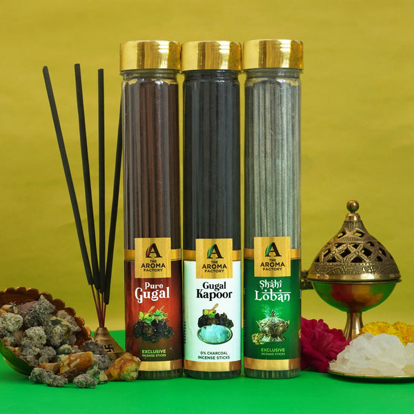 The Aroma Factory Gugal, Gugal Kapoor & Loban Agarbatti for Pooja,Luxury Incense Sticks,100% Herbal Fragrance Agarbathi, 0% Surphates (Bottle Pack of 3x100g)