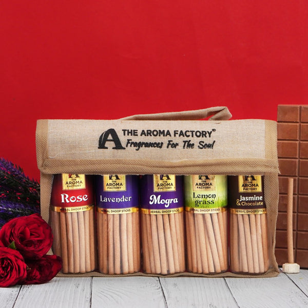 The Aroma Factory Dhoop Batti Set (Rose, Lavender, Jasmine & Chocolate, Lemongrass, Mogra) Herbal Dhup Sticks in Jute Bag, 5 Bottles x 100g