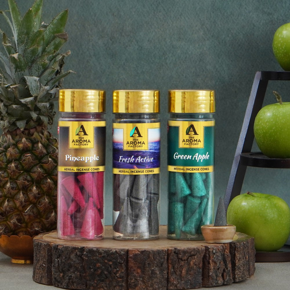 The Aroma Factory Organic Incense Dhoop Cones (Pineapple,  Fresh Active ,Green Apple) No Charcoal | Bambooless | 100% Herbal Fragrance | Assorted Dhoop, 3x 90g