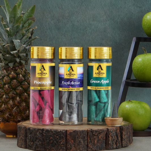 The Aroma Factory Organic Incense Dhoop Cones (Pineapple,  Fresh Active ,Green Apple) No Charcoal | Bambooless | 100% Herbal Fragrance | Assorted Dhoop, 3x 90g