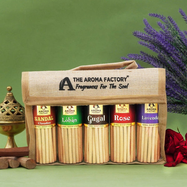 The Aroma Factory Rose,Sandal,Gugal,Loban & Lavender Dhoop Sticks for Pooja,100% Herbal Fragrance (Bottle Pack of 5 x100g) Jute Gift Set with Wooden Holder