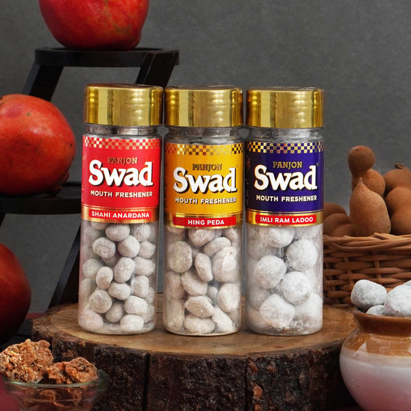 Panjon Swad Anardana goli, Hing Peda & Imli Ram Ladoo Pachak Candy (Mukhwas Mouth Freshners) 3 Bottles x 120g each