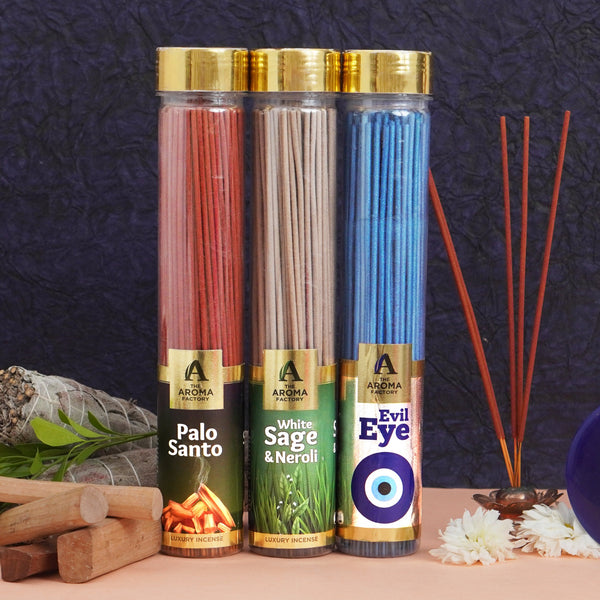 The Aroma Factory Organic Incense Sticks (Herbal Agarbatti for Smudging, Cleansing) 0% Charcoal, 0% Sulphur, 3 x 100g Bottle (Palo Santo, White Sage & Neroli & Evil Eye)