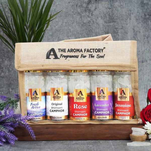 The Aroma Factory 100% Pure Bhimseni Camphor Fresh Active,Original,Rose,Lavender & Jasmine Fragrances Pack of 5 Bottle