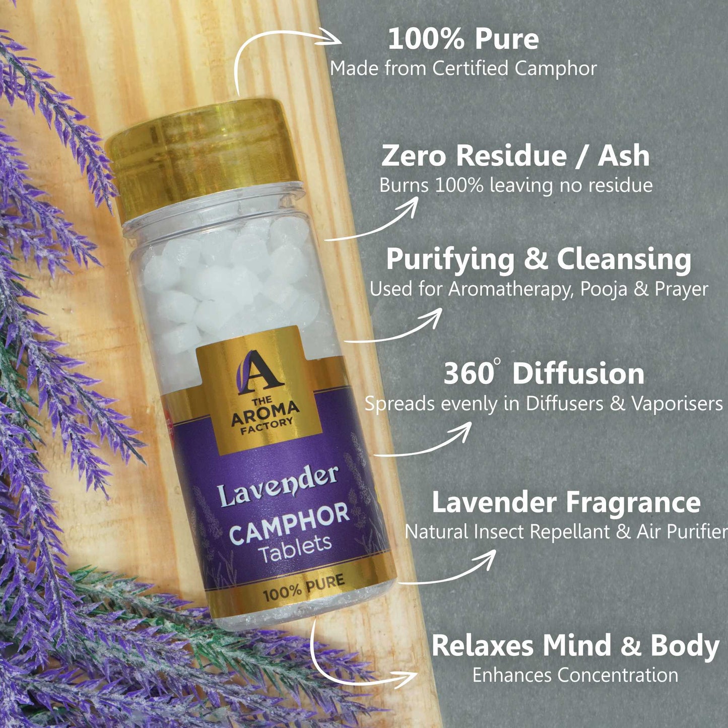 The Aroma Factory Pure Camphor Tablets, Lavender, Zero Residue Kapoor with Fragrance for Pooja, Aarti Kapur | Bottle Pack of 1 x 80gm