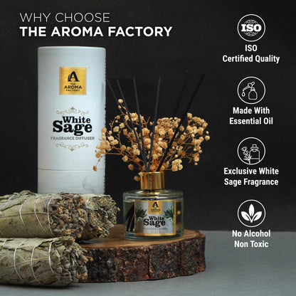 The Aroma Factory Fragrance Diffuser Set with Fibre Reed Sticks, Real Preserved Flowers, 100 ml (3.4 Oz) Aroma Oil (White Sage, 1 Box)