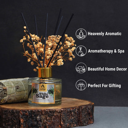 The Aroma Factory Fragrance Diffuser Set with Fibre Reed Sticks, Real Preserved Flowers, 100 ml (3.4 Oz) Aroma Oil (White Sage, 1 Box)