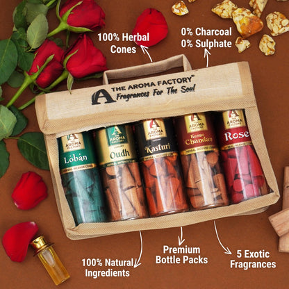 The Aroma Factory Incense Cone Set (Loban, Oudh, Kasturi, Kesar Chandan, Rose) Dhoop Cones, Pack of 5 x 30 Cones