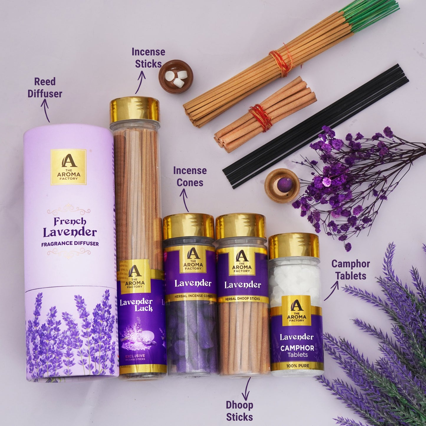 The Aroma Factory Lavender Serenity Set, Complete Aroma Collection of Agarbatti, Dhoop Batti, Dhoop Cone, Camphor Tablet & Reed Diffuser, Combo of 5
