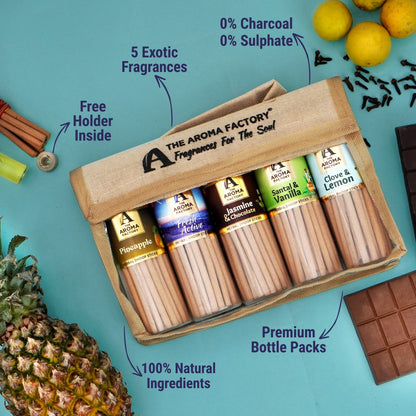 The Aroma Factory Dhoop Batti Set (Pineapple, Santal & Vanilla, Jasmine & Chocolate, Clove & Lemon, Fresh Active) Herbal Dhup Sticks in Jute Bag, 5 Bottles x 100g