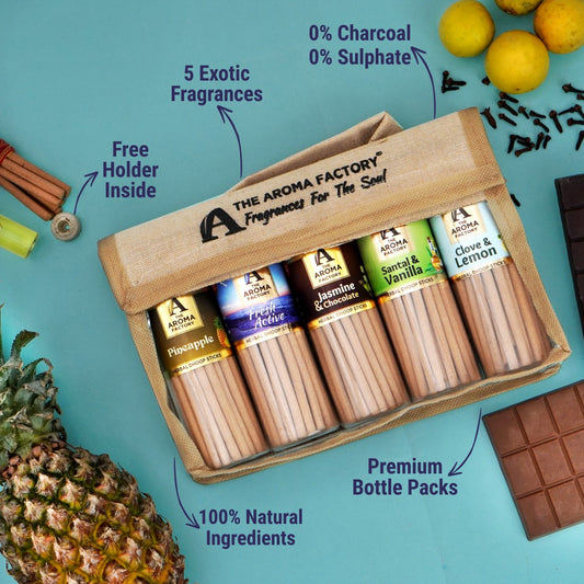 The Aroma Factory Dhoop Batti Set (Pineapple, Santal & Vanilla, Jasmine & Chocolate, Clove & Lemon, Fresh Active) Herbal Dhup Sticks in Jute Bag, 5 Bottles x 100g
