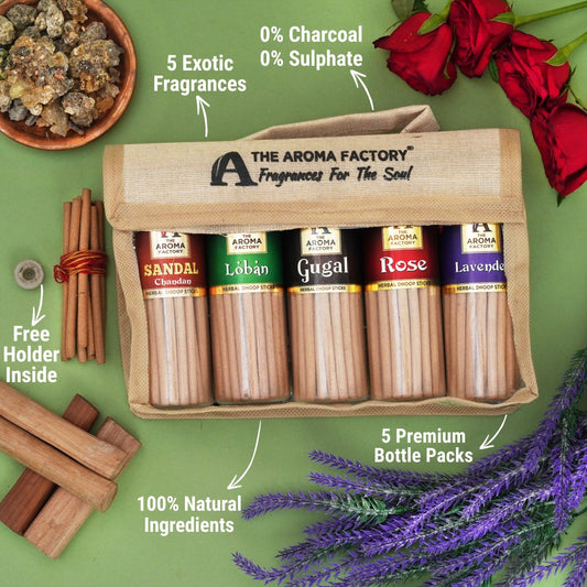 The Aroma Factory Rose,Sandal,Gugal,Loban & Lavender Dhoop Sticks for Pooja,100% Herbal Fragrance (Bottle Pack of 5 x100g) Jute Gift Set with Wooden Holder
