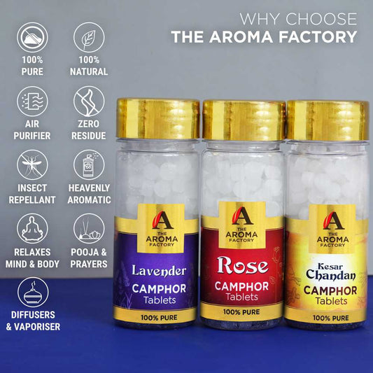 The Aroma Factory 100% Pure Camphor Tablets Lavender,Rose & Kesar Chandan Fragrances Pack of 3 Bottle