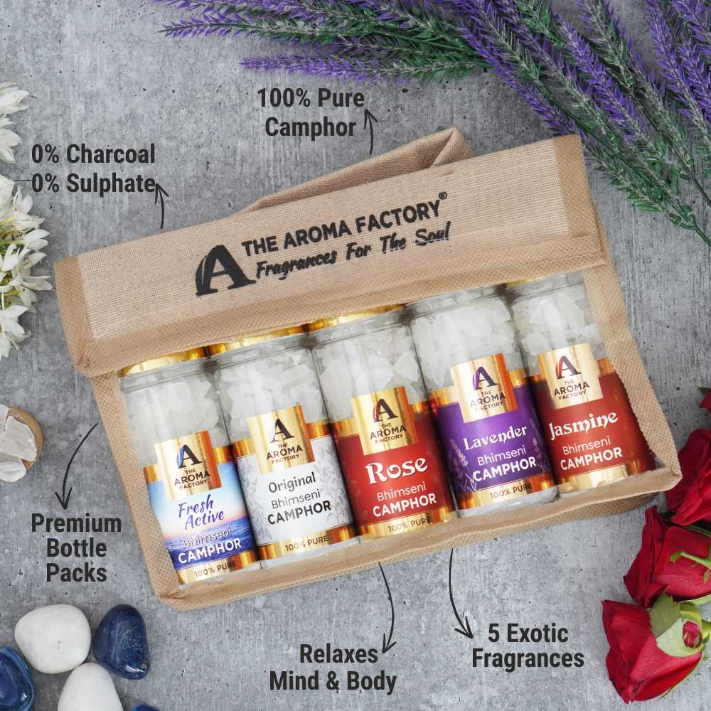 The Aroma Factory 100% Pure Bhimseni Camphor Fresh Active,Original,Rose,Lavender & Jasmine Fragrances Pack of 5 Bottle