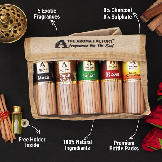 The Aroma Factory Dhoop Batti Set (Musk, Oudh & White Wood, Loban, Rose, Kesar Chandan) Herbal Dhup Sticks in Jute Bag, 5 Bottles x 100g