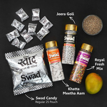 Swad Mukhwas & Candy Combo (Khatta Meetha Aam Papad,Jeera Goli,Royal Fresh Mix 25 Candies pack )4 Units
