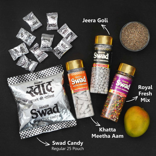 Swad Mukhwas & Candy Combo (Khatta Meetha Aam Papad,Jeera Goli,Royal Fresh Mix 25 Candies pack )4 Units