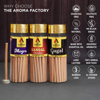 The Aroma Factory Organic  Mogra , Sandal & Gugal  Dhoop Batti Sticks for Pooja with dhup Incense Holder Stand,Best for Long Lasting Fragrances (Pack of 3x100g)