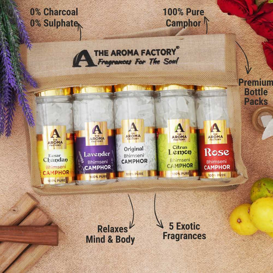 The Aroma Factory 100% Pure Bhimseni Camphor Kesar Chandan,Lavender,Original,Citrus Lemon & Rose Fragrances Pack of 5 Bottle