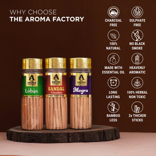 The Aroma Factory Organic Loban,Chandan Sandal & Mogra Dhoop Batti Sticks for Pooja with dhup Incense Holder Stand,Best for Long Lasting Fragrances (Pack of 3x100g)