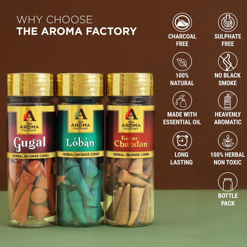 The Aroma Factory Organic Incense Cones (Gugal, Loban & Saffron Sandal) Zero Charcoal | No Bamboo | 100% Herbal Fragrance | Assorted Dhoop, 3 x 90g with Holder