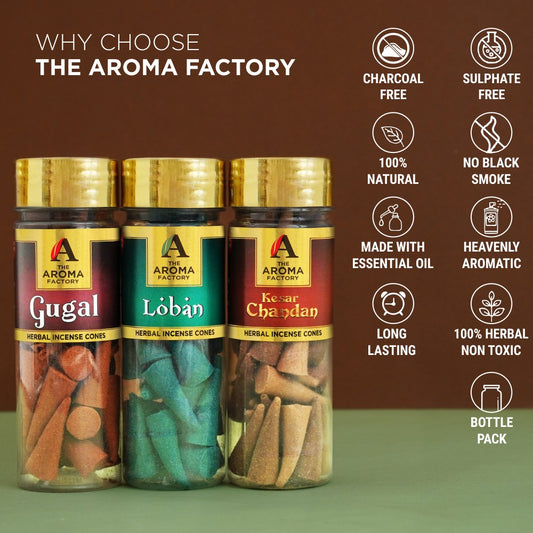 The Aroma Factory Organic Incense Cones (Gugal, Loban & Saffron Sandal) Zero Charcoal | No Bamboo | 100% Herbal Fragrance | Assorted Dhoop, 3 x 90g with Holder