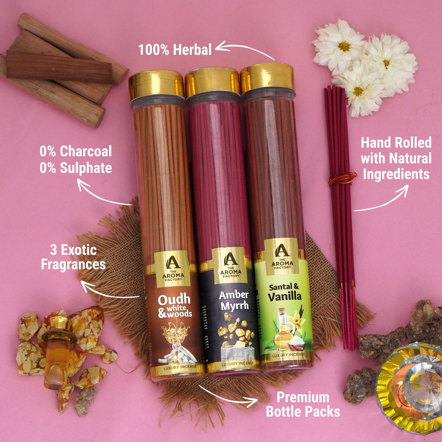 The Aroma Factory Organic Incense Sticks (Herbal Agarbatti for Smudging, Cleansing) 0% Charcoal, 0% Sulphur, 3 x 100g Bottle (Santal & Vanilla, Amber Myrrh, Oudh & White Woods)